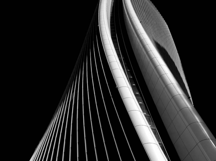 Black and white skyscraper detail.